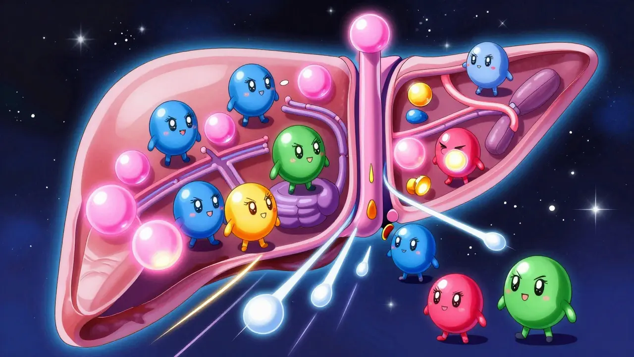 Cute anime enzymes processing hormone orbs in a magical liver factory