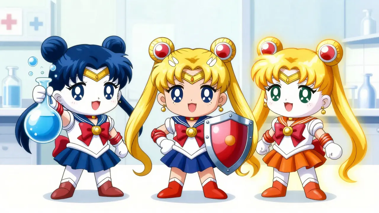 Cute mascots representing different antiseptic types in a lab