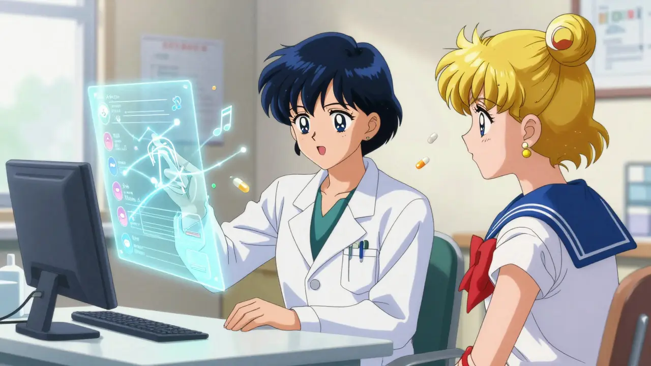 Doctor explaining safe drug interactions to a patient in anime style