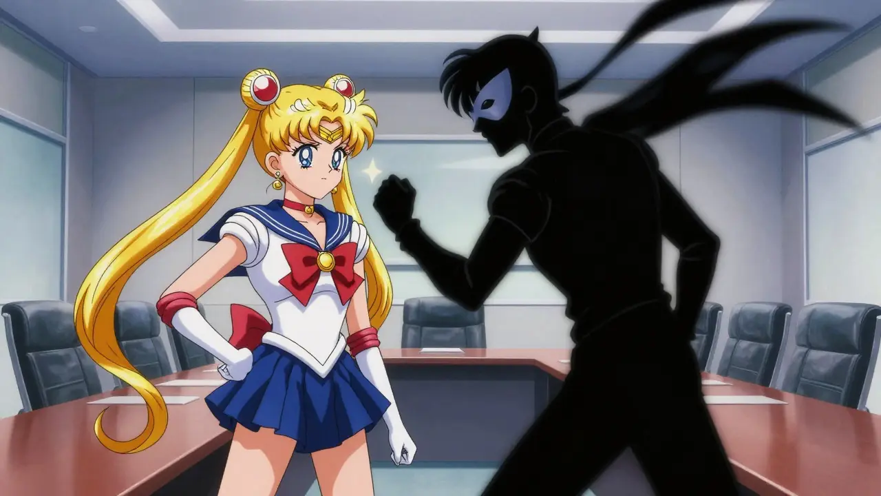 First generic defender facing authorized generic threat in anime style