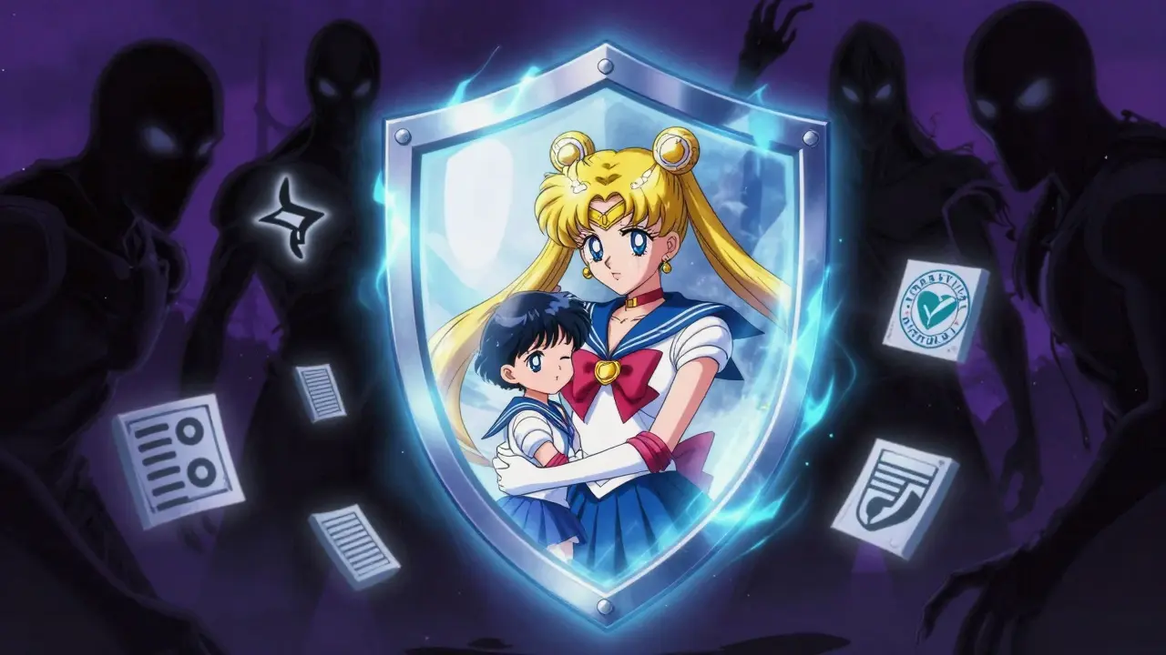 Glowing shield protecting a family from dark shadows of fake pharmacies