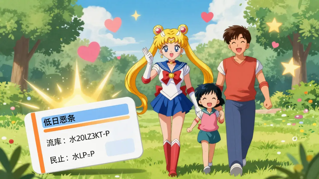 Happy anime family in park with symbols of health and affordable care
