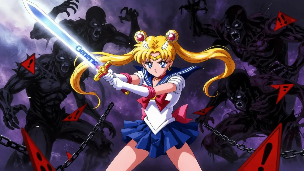 Heroic anime character defeating drug scam monsters