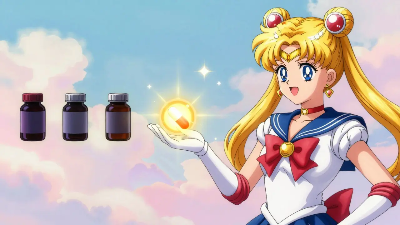 Magical anime scene showing glowing generic pills replacing expensive ones
