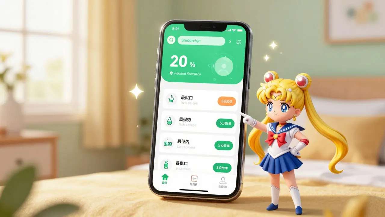 Magical mascot pointing at low medication prices on a smartphone app screen