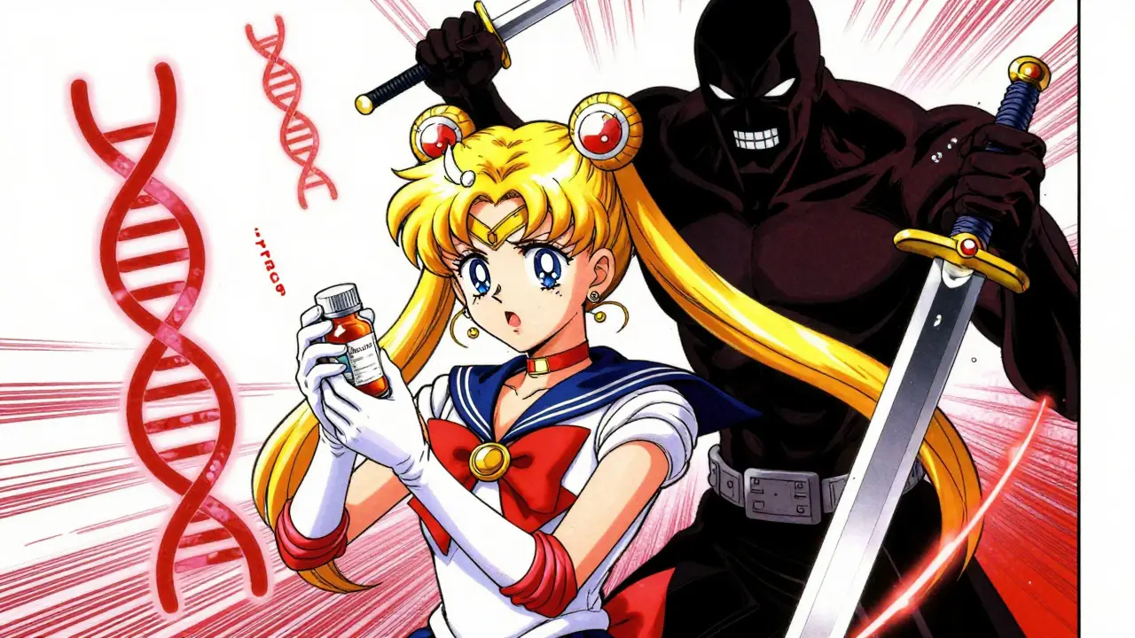 Manga style patient with warfarin facing bleeding risk shadows