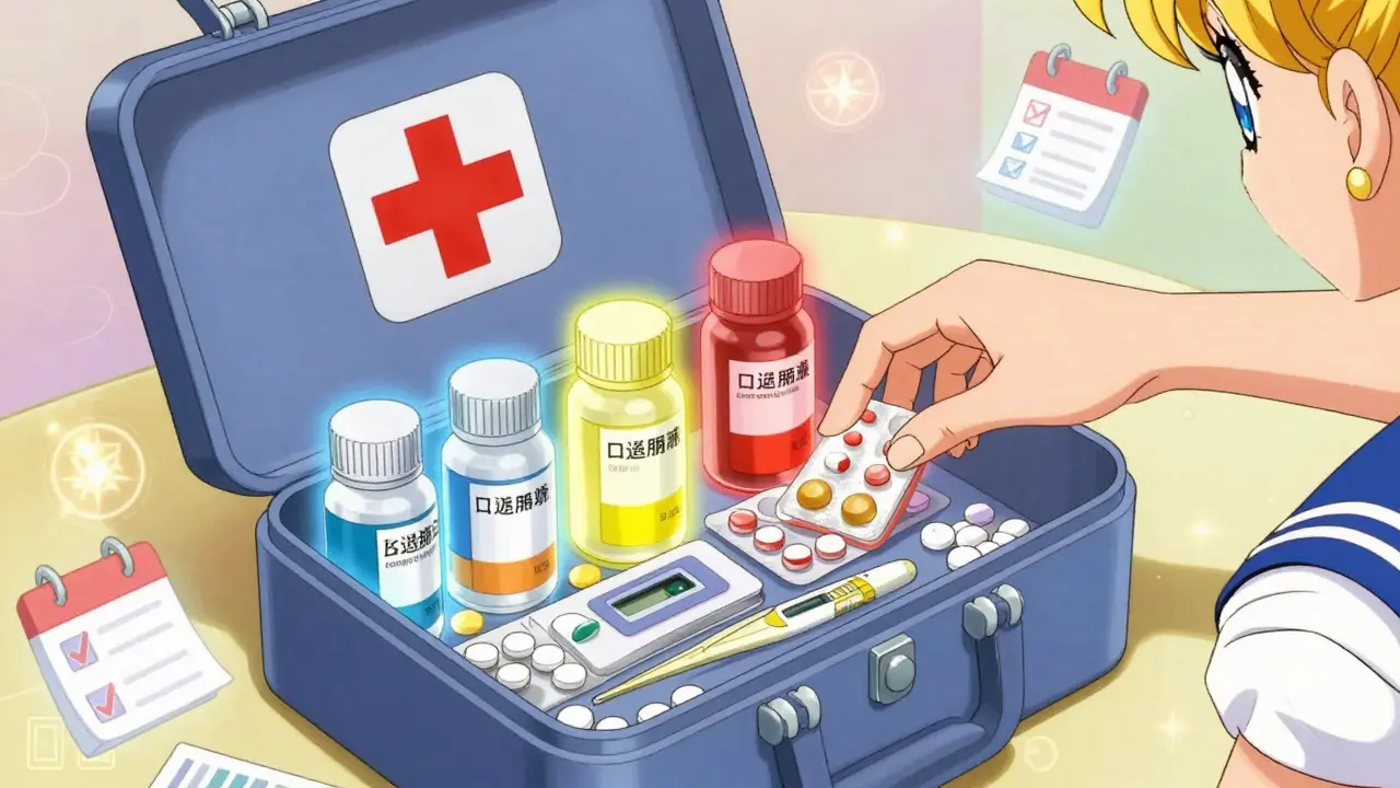 Organized first aid kit with glowing medications and tools