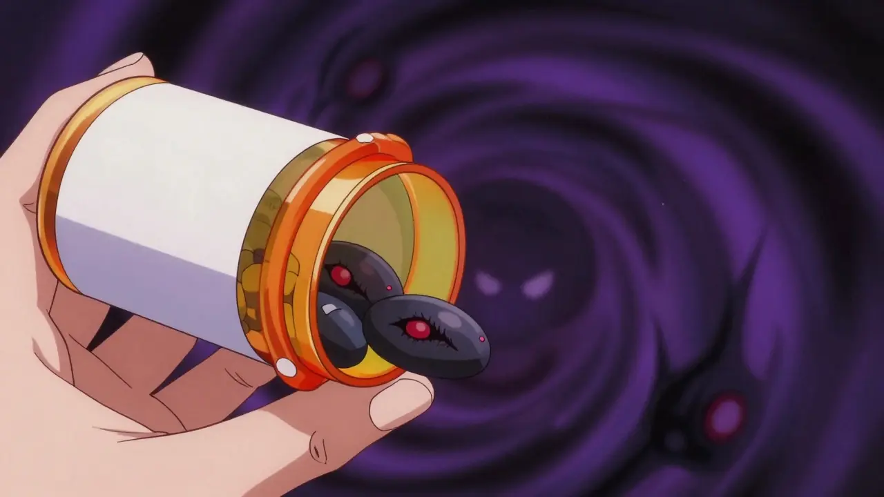 Pill bottle containing dark, dangerous fake pills in anime style