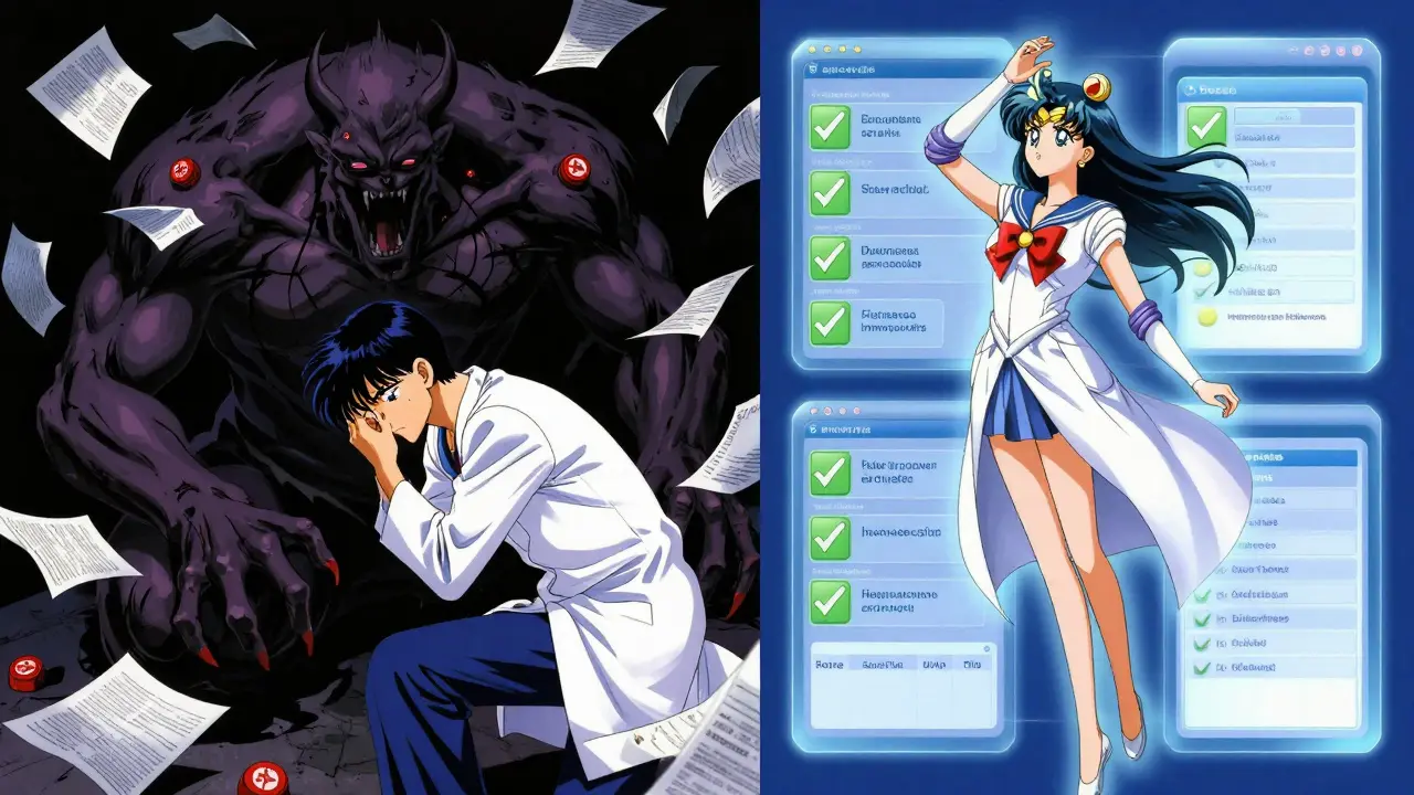 Split scene: stressed doctor vs paperwork monster versus calm doctor with efficient tech