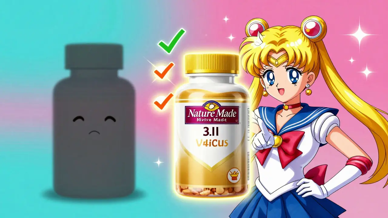 Stylized anime comparison of a low-quality pill bottle versus a glowing, premium supplement bottle.