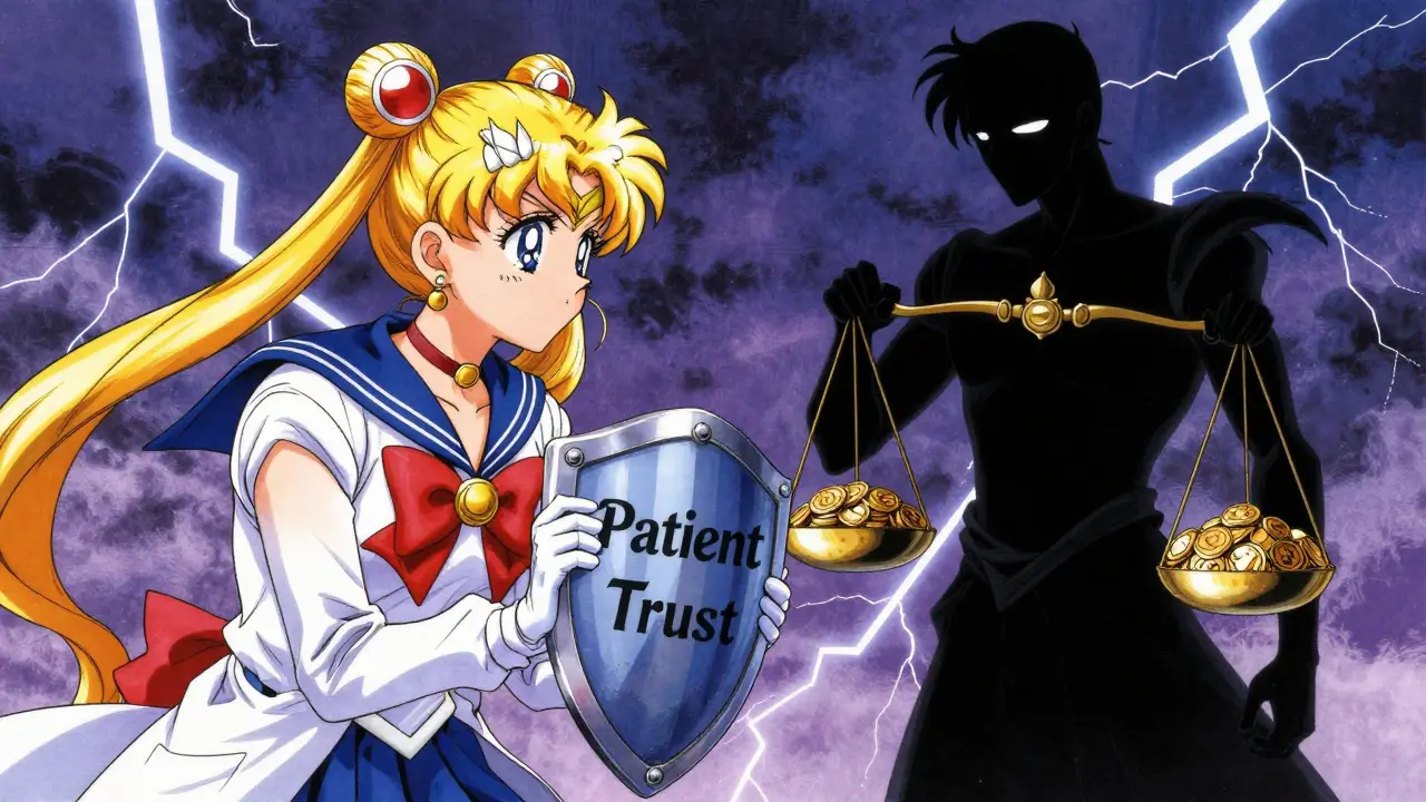 Two doctors debating ethics with shields and scales in dramatic anime style