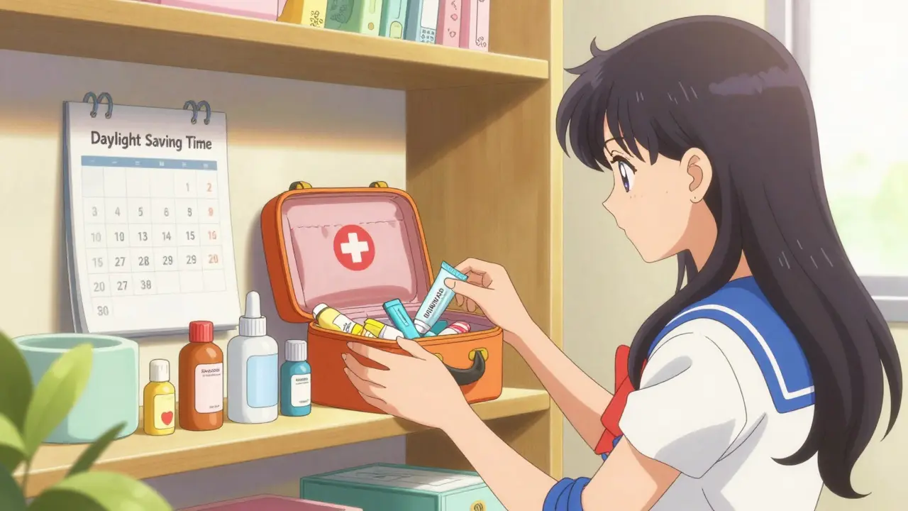 Woman organizing a first aid kit on a sunny bedroom shelf