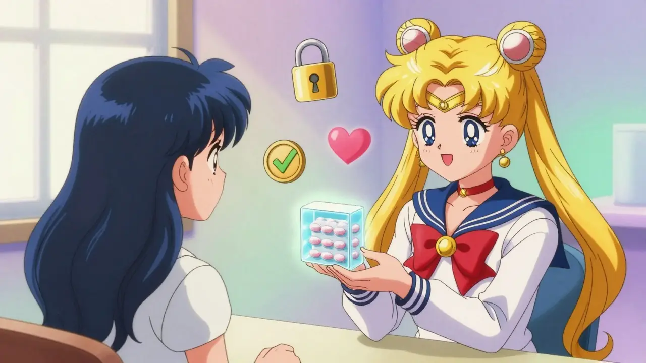 Angel pharmacist handing safe medication to happy patient in anime style