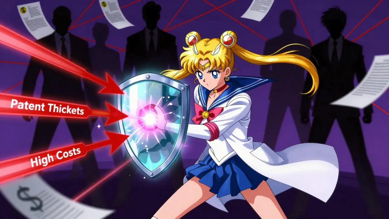 Anime character shielding herself from patent barriers and high costs