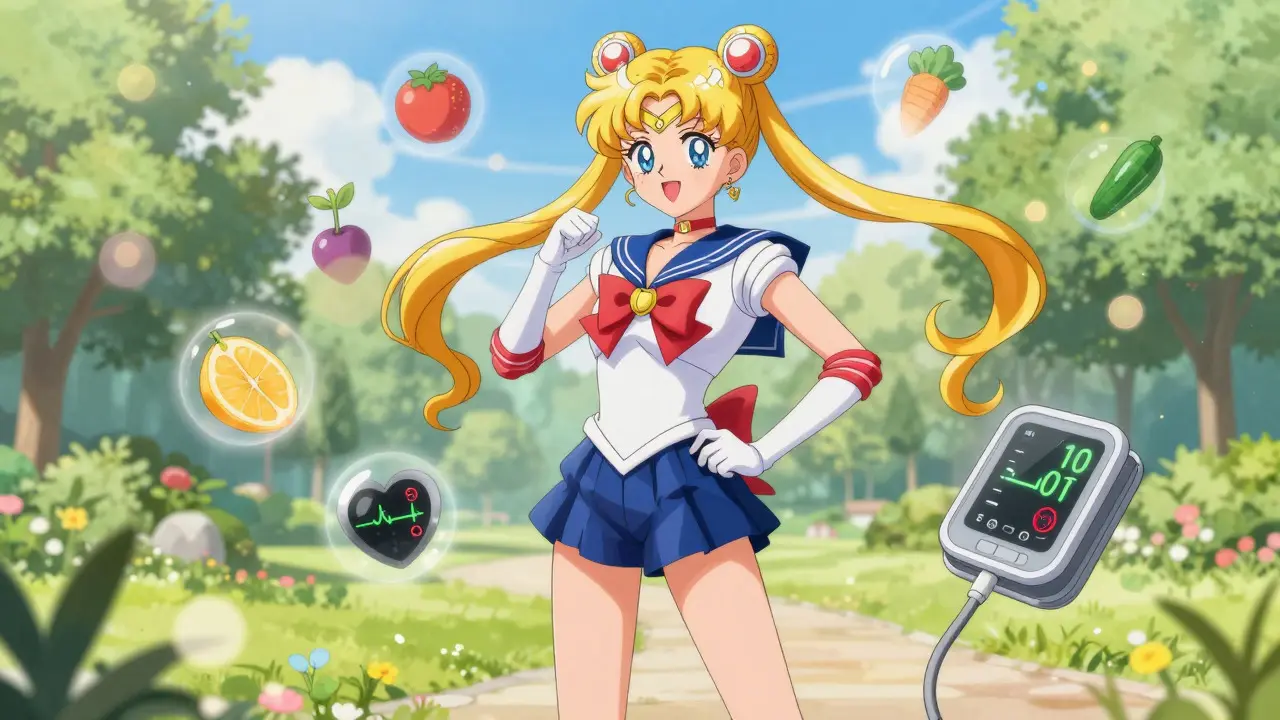 Anime character surrounded by healthy food and fitness icons