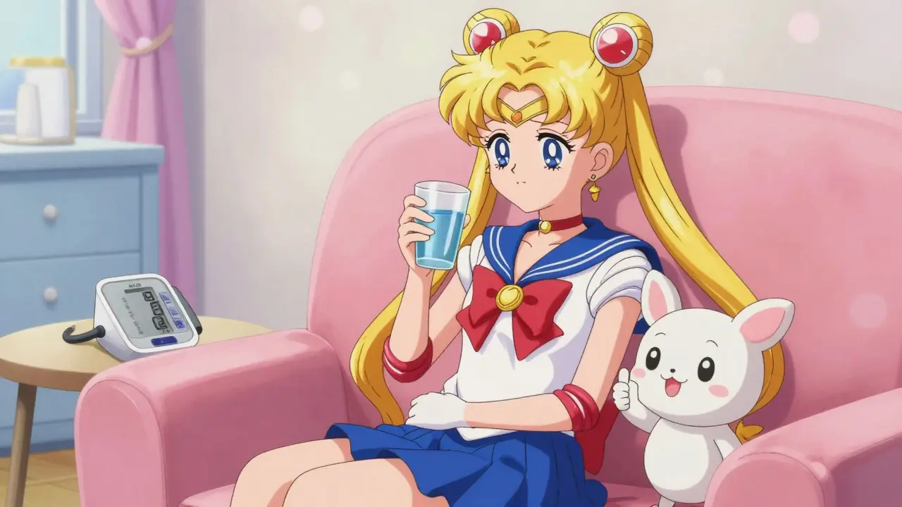 Anime character taking heart medication at home safely