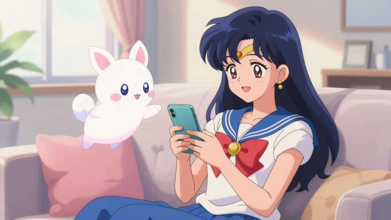 Anime character using phone for safe online telehealth consultation