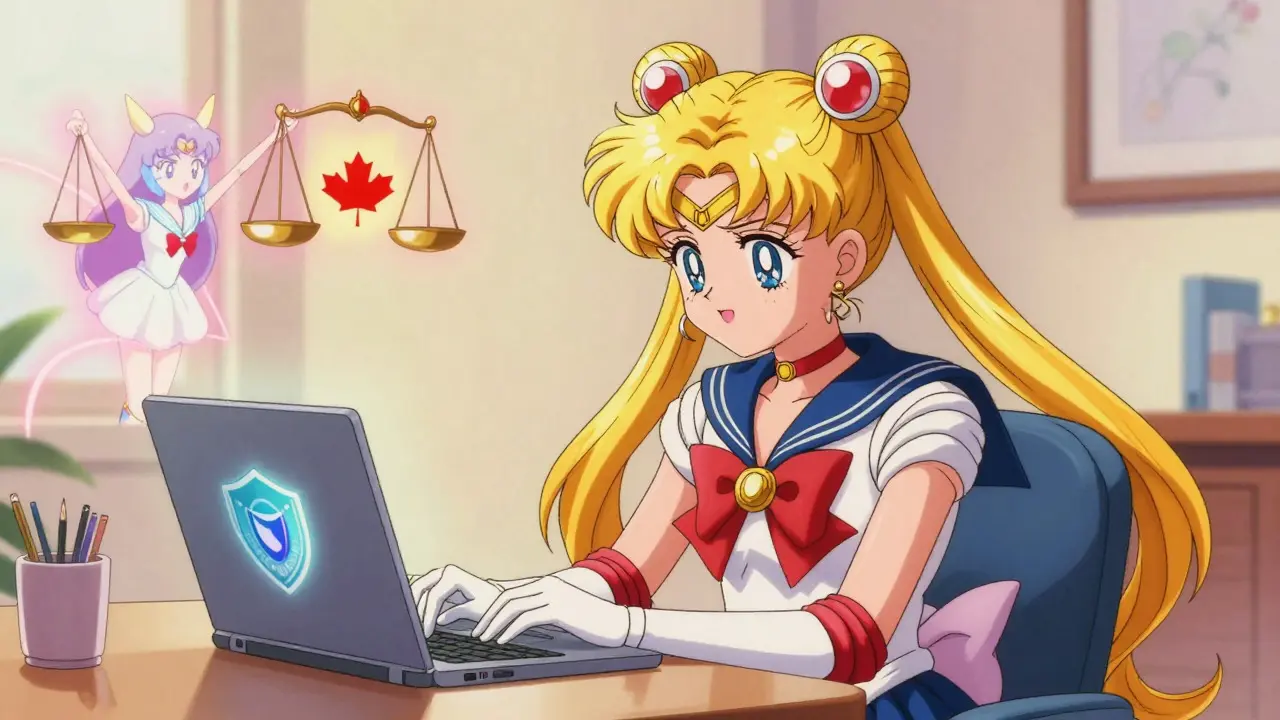 Anime character verifying safe online pharmacy with magic shields