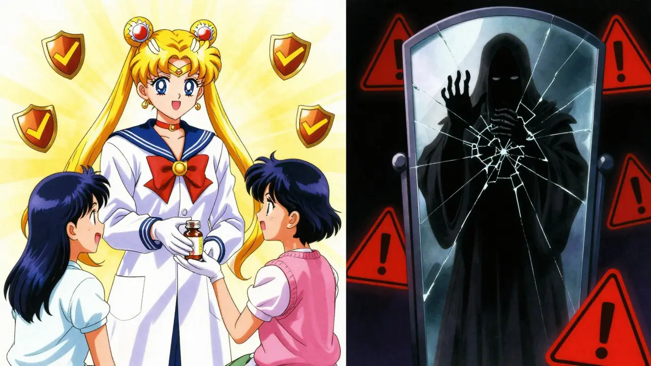 Anime comparison of safe pharmacy vs shady scam site