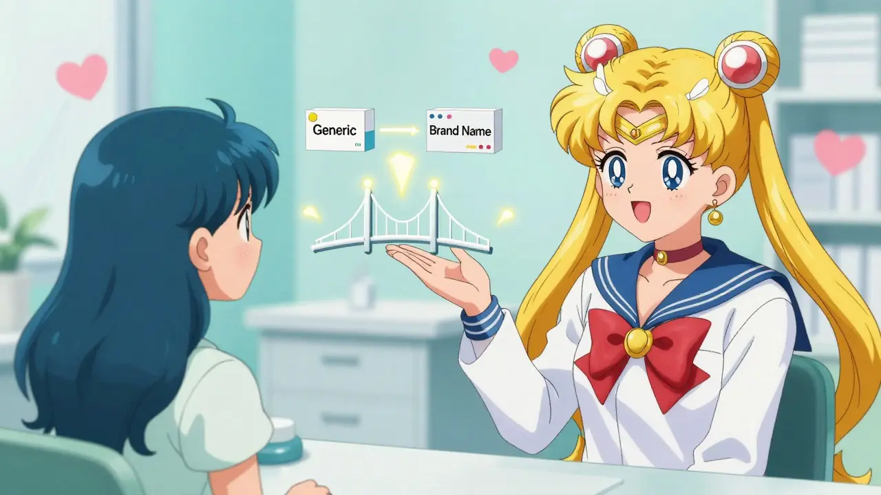 Anime doctor explaining drug equivalence to a relieved patient.