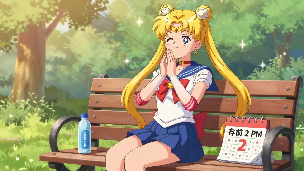Anime girl doing relaxation exercises outdoors with water bottle