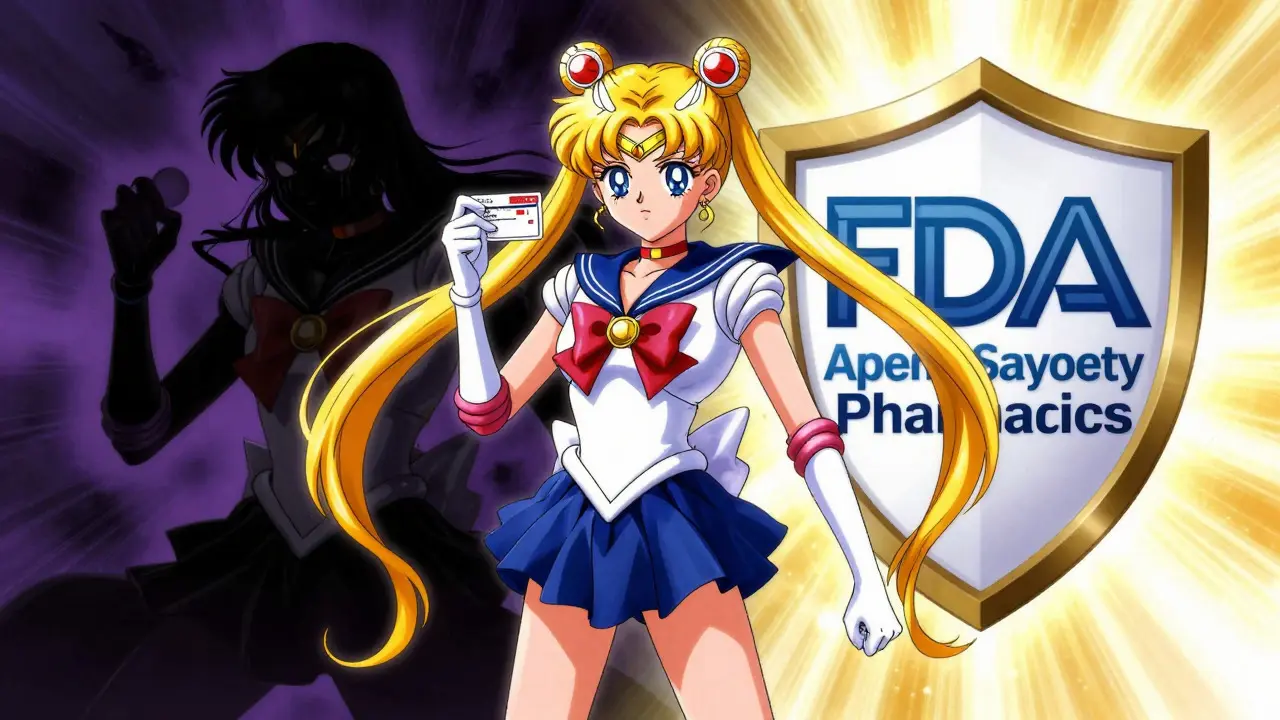 Anime hero protecting against fake drugs with verified pharmacy shield