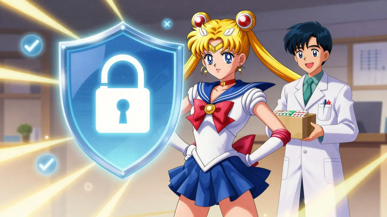 Anime hero protecting user during safe online pharmacy purchase