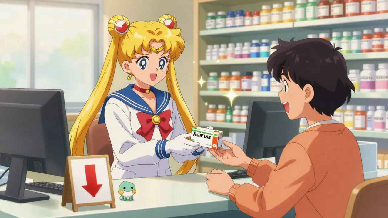Anime pharmacist handing affordable generic meds to happy patient
