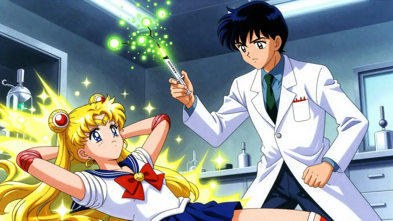 Anime scientist showing how expensive placebos release magical dopamine.