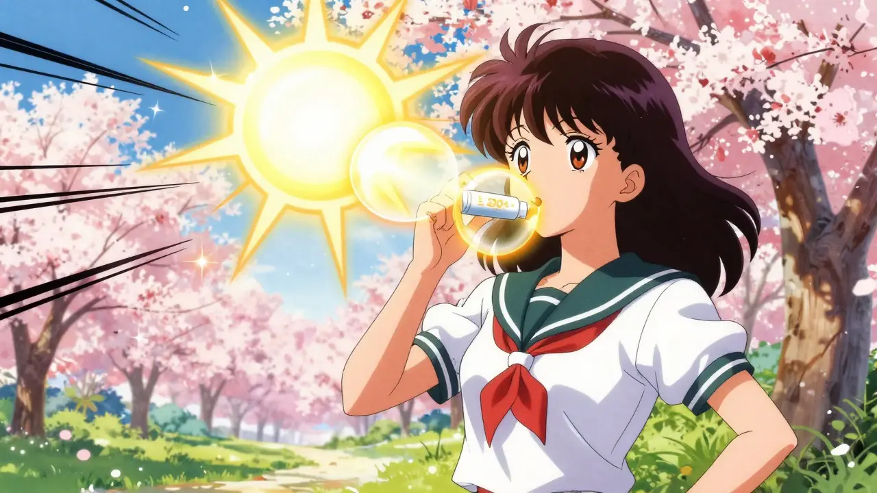 Anime woman using SPF lip balm shield against sun