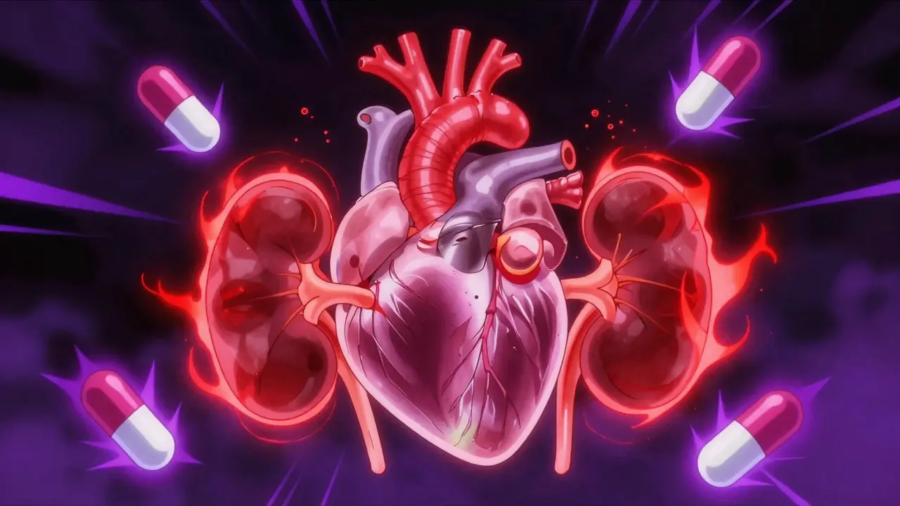 Conceptual anime art of pills causing red energy waves around organs
