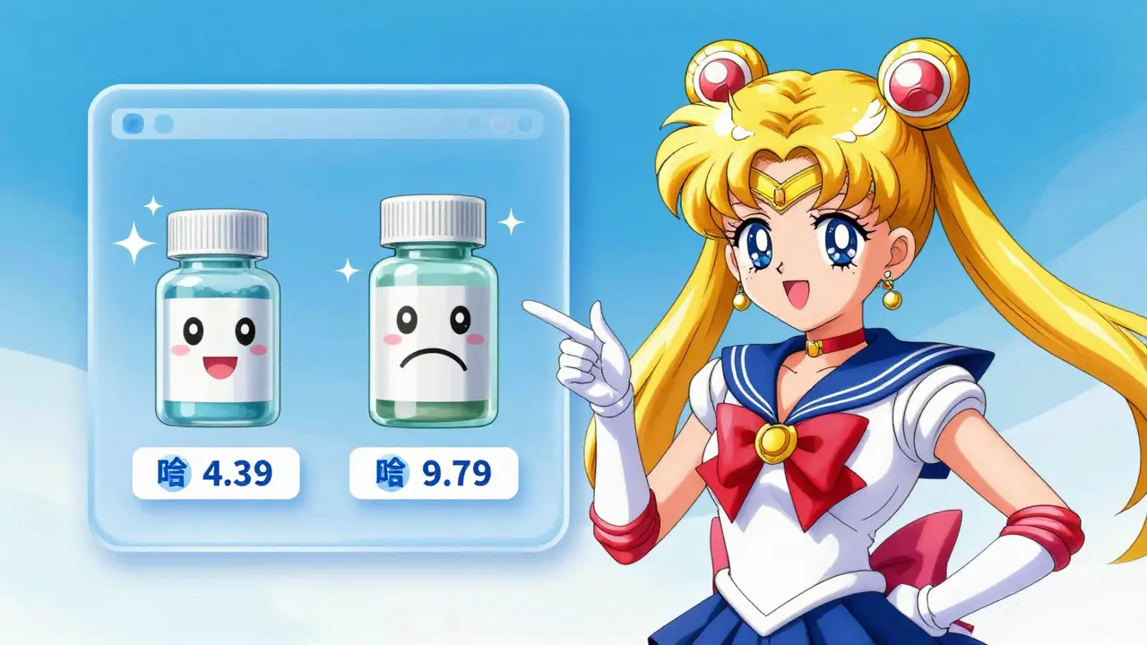 Cute anime mascot comparing cheap generic vs expensive drug prices