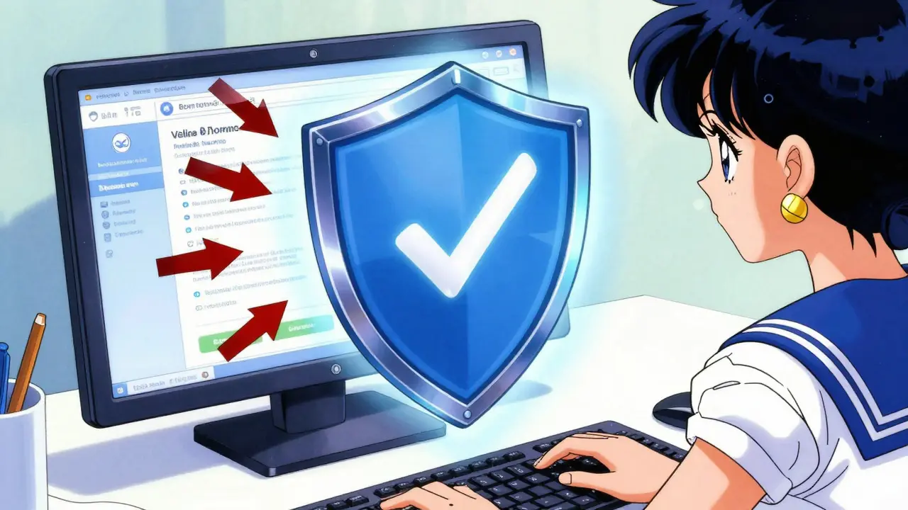 Digital shield blocking scam arrows from computer