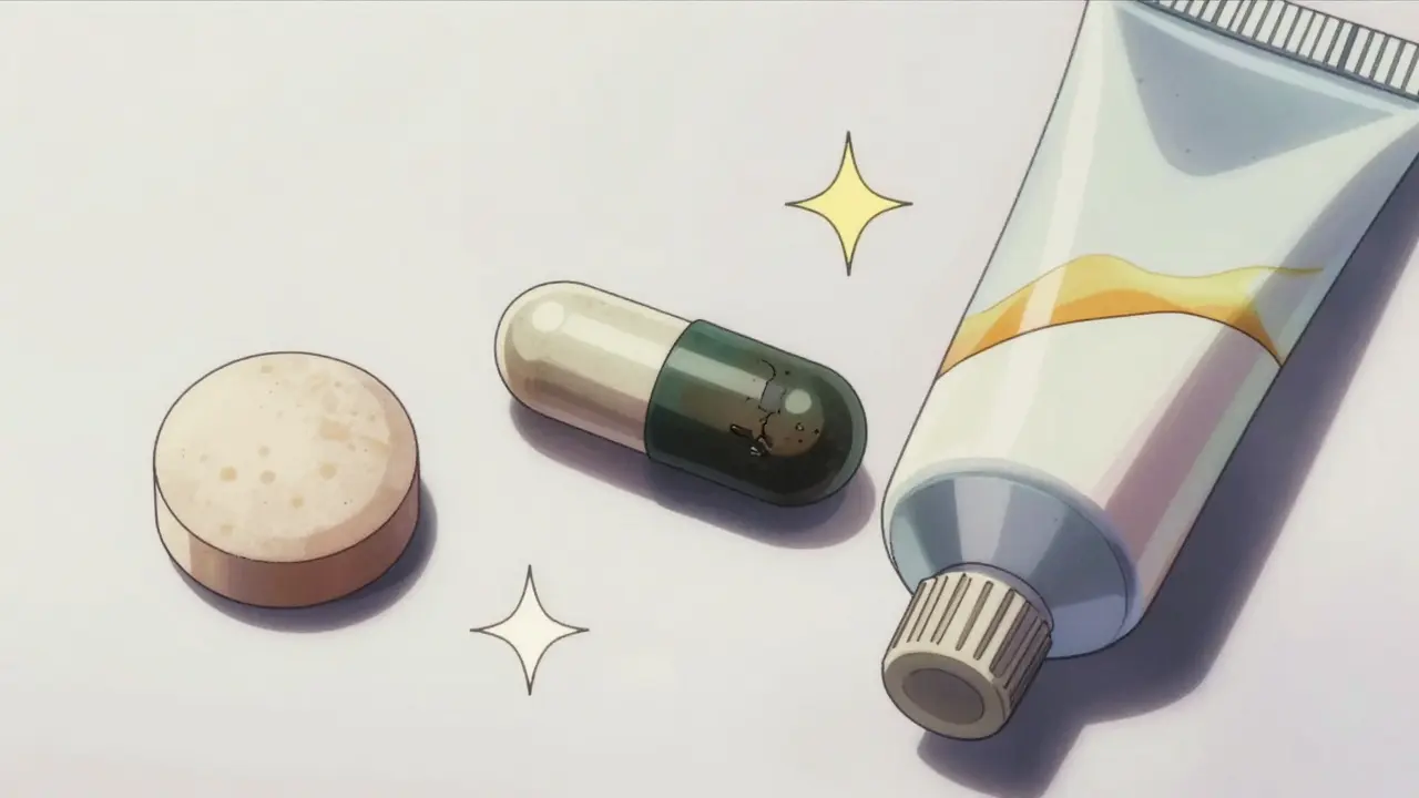 Discolored pills and separated cream on white surface