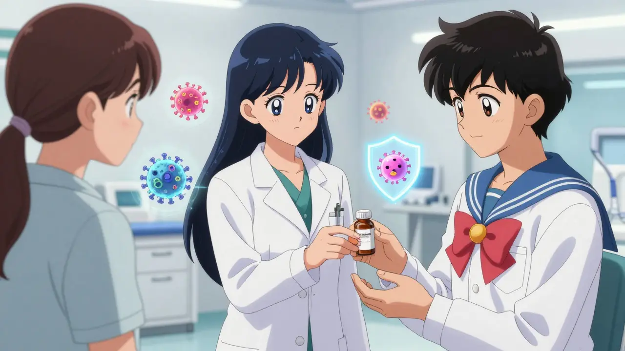 Doctor giving antiviral pills to anime patient