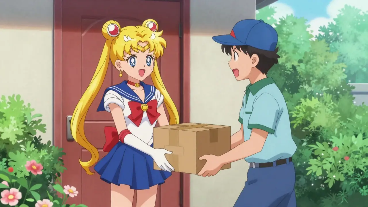 Happy anime character receiving a medicine delivery package