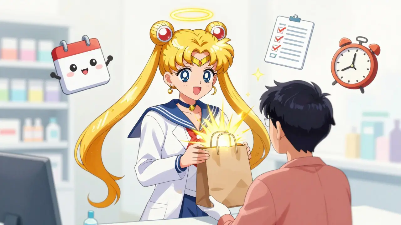 Hopeful anime scene of pharmacist reviewing meds with glowing brown bag