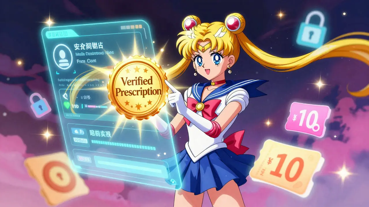 Magical anime interface showing safe prescription verification seals