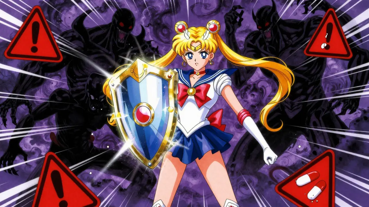 Magical girl fighting shadow monsters representing online pharmacy scams