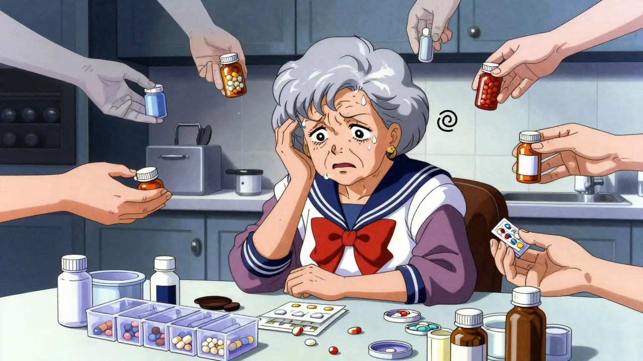 Overwhelmed elderly woman surrounded by confusing medications in anime style