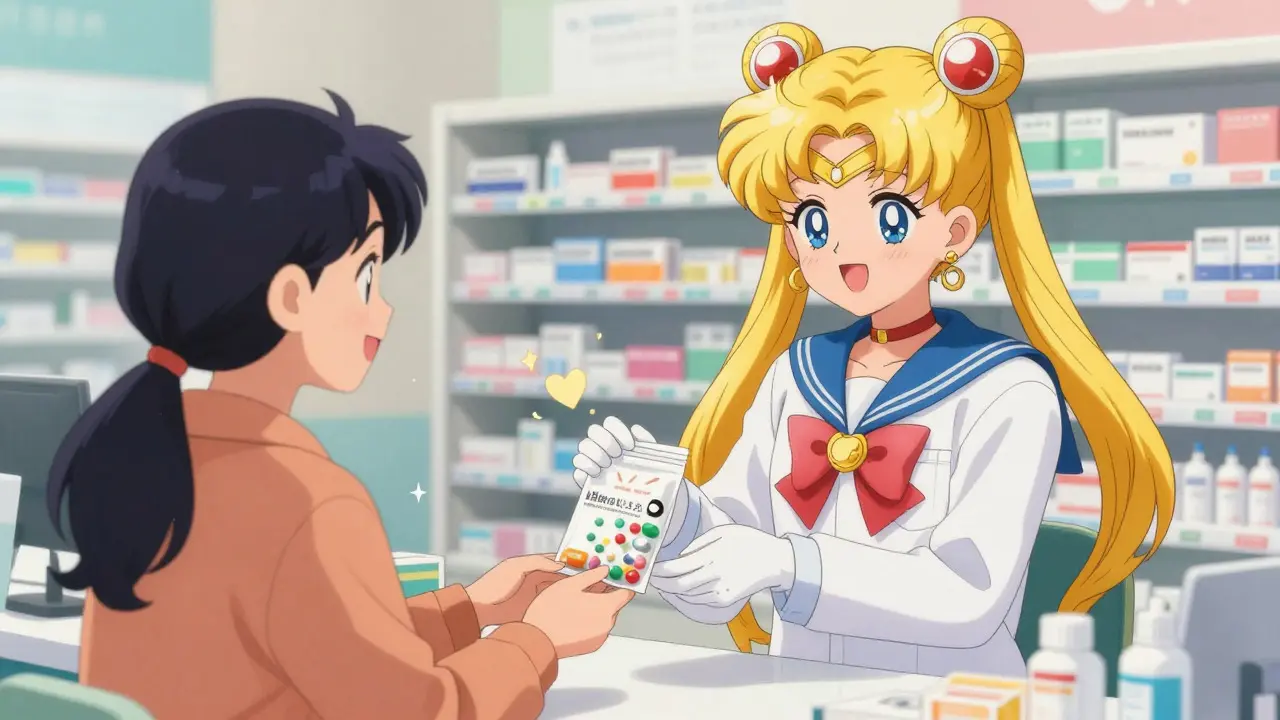 Pharmacist handing medicine to happy patient