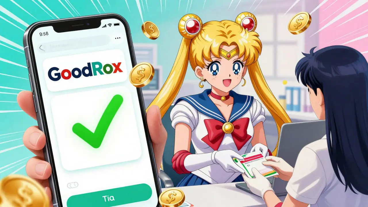 Sailor Moon style phone showing discount coupons and pharmacist