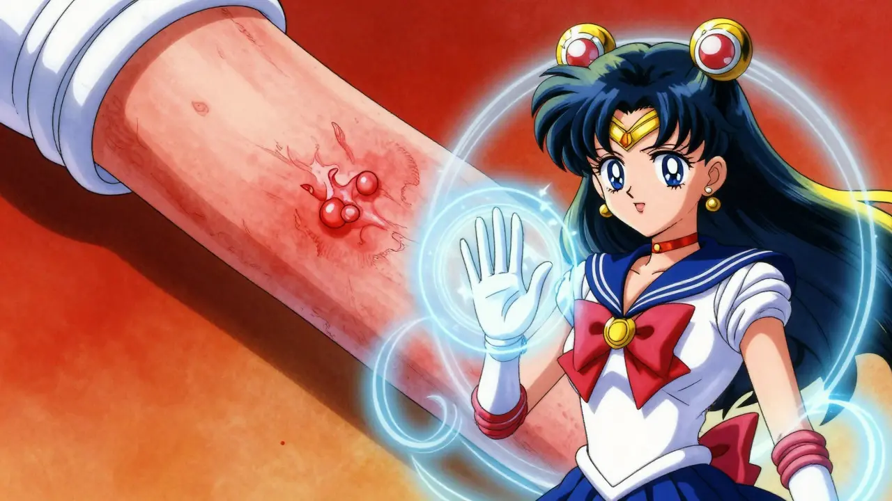 Anime character protecting arm with severe blistering rash using magic light