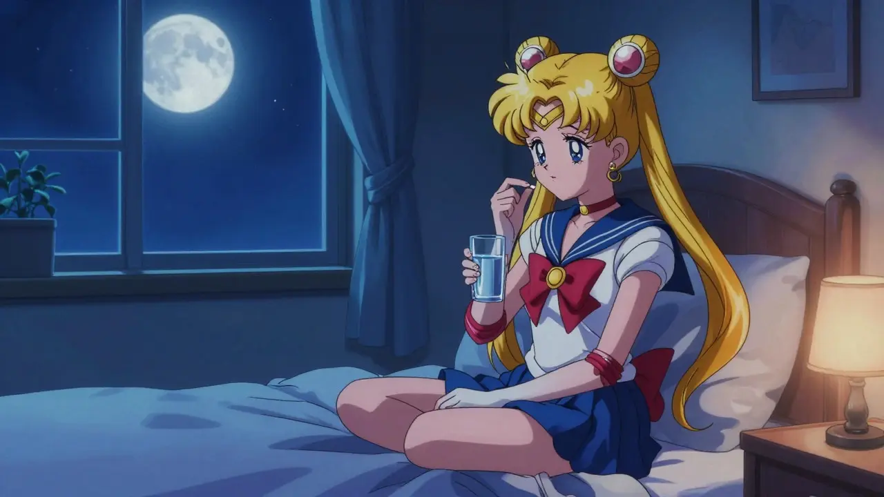 Anime character taking an antibiotic pill at night in a moonlit bedroom