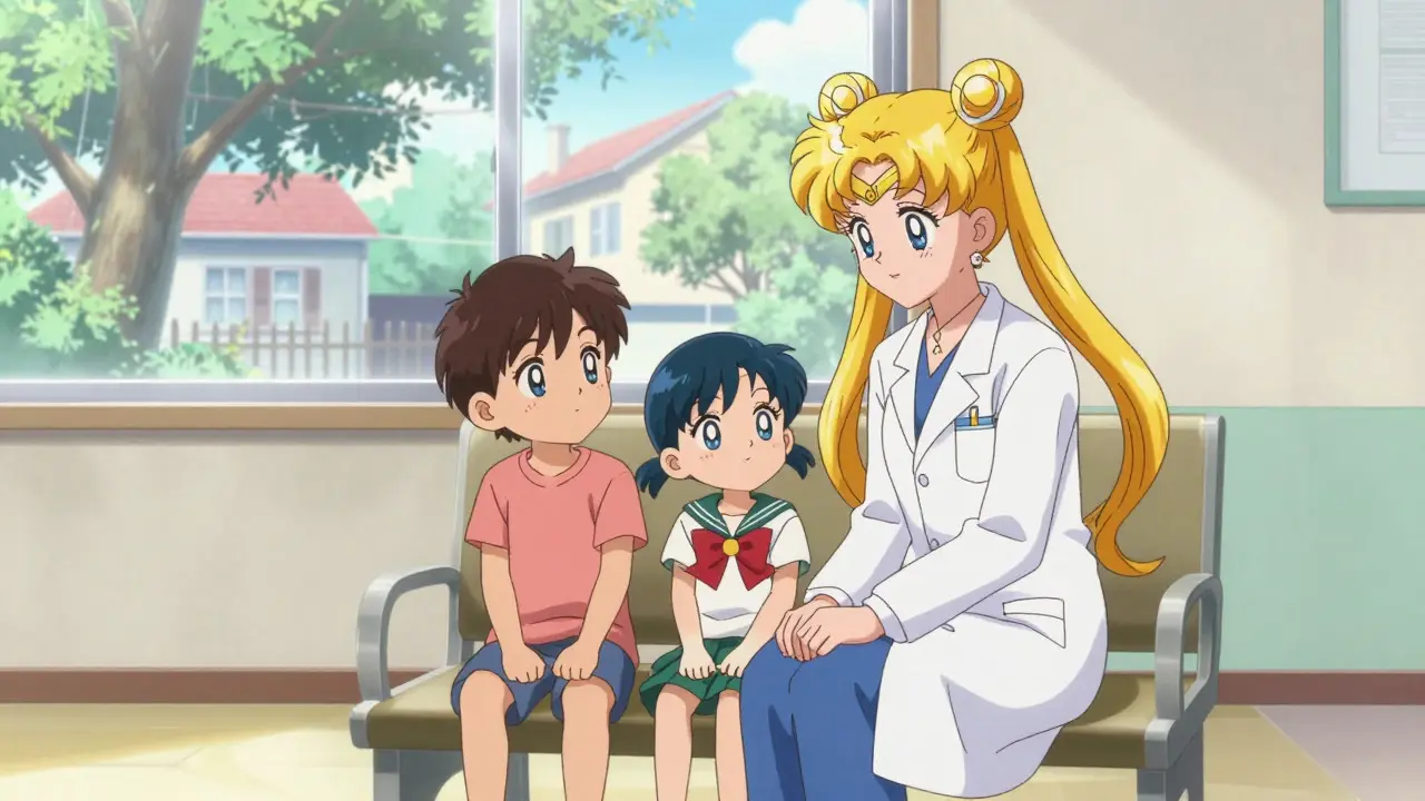 Anime depiction of a doctor comforting a family inside a sunny community health center
