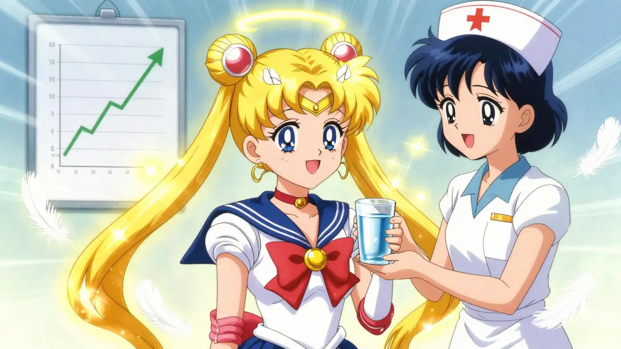 Anime patient recovering with golden healing light and nurse