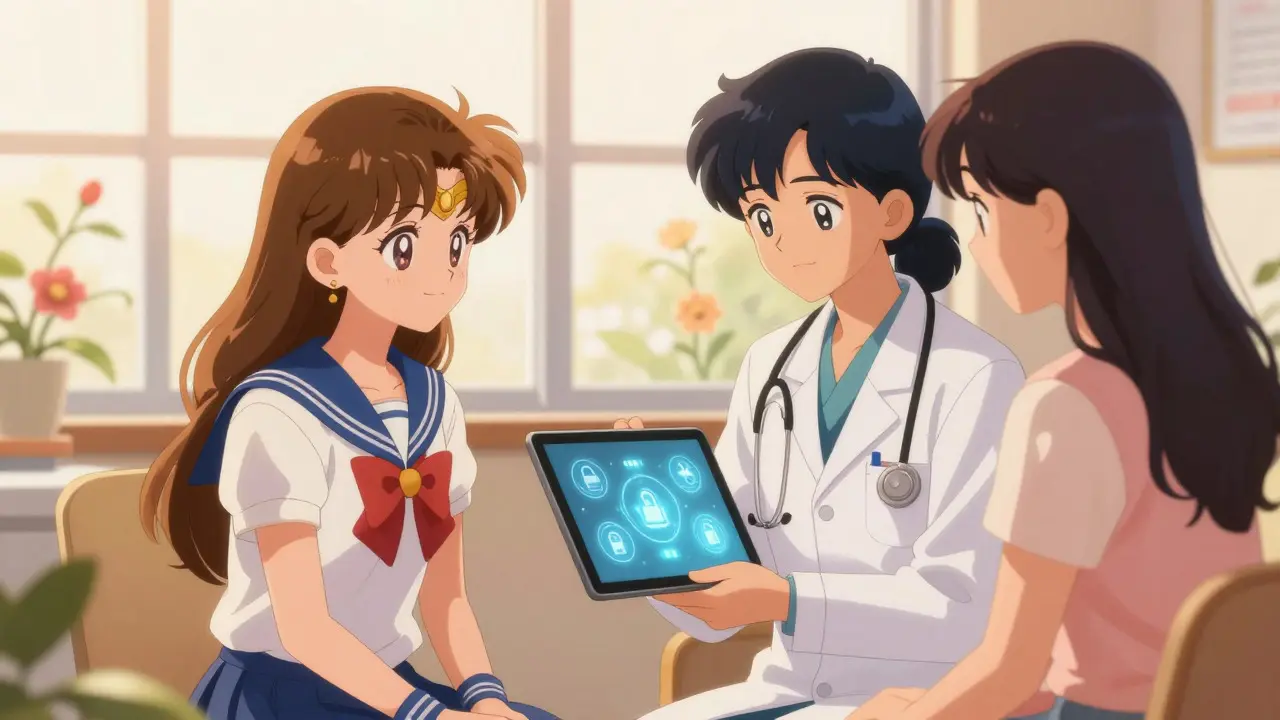 Doctor handing tablet to patient in sunny, floral clinic