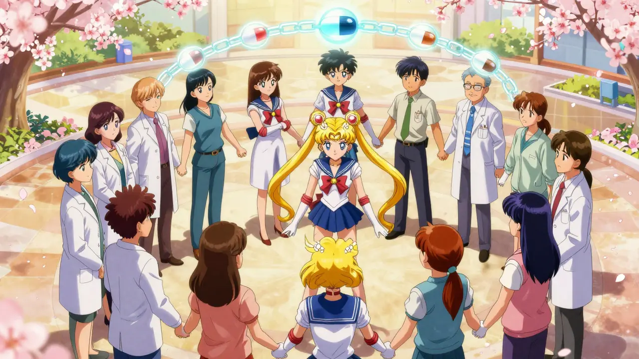 Group of people protecting a generic pill with a blockchain visualization