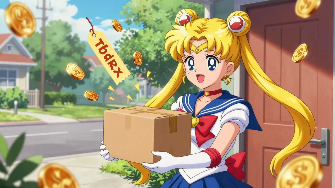 Happy person receiving medication package with savings effects