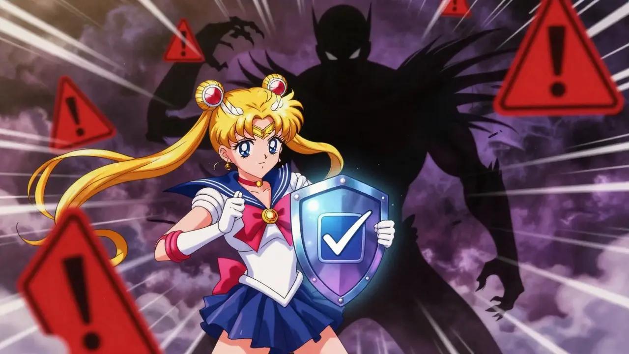 Heroic anime figure blocking scam shadows with prescription shield